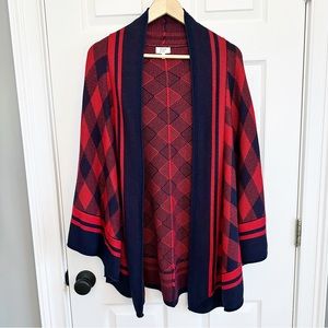 Crown & Ivy Sweater Cape Poncho Red Navy Blue Diamond Check One Size Fits All